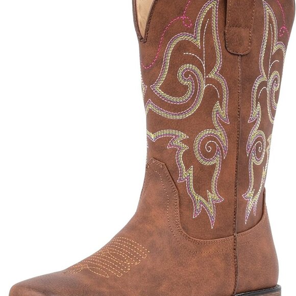 Women Cowboy Boots Faux Leather Square Toe Mid Calf Embroidered Western